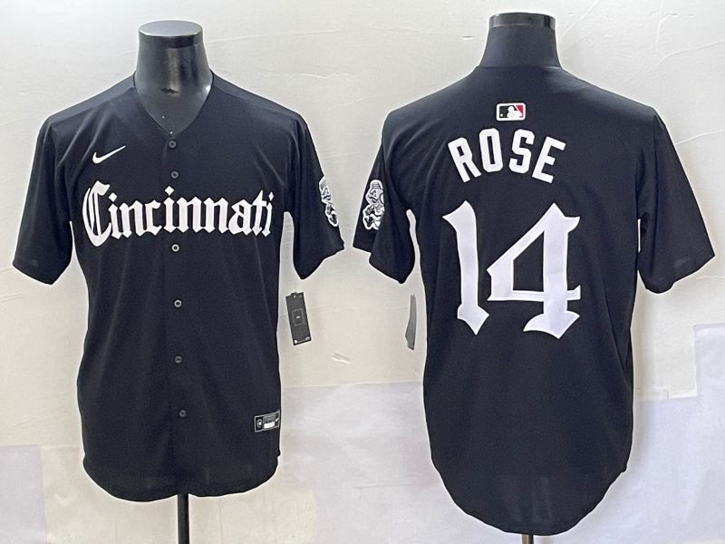 Men 2025 Cincinnati Reds #14 Rose Black Five generations Joint Name Nike MLB Jersey style 1